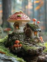 Charming fairy tale cottage in the woods. A whimsical cottage surrounded by colorful mushrooms and moss in a serene forest setting during golden hour. photo