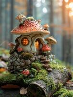 Charming fairy house nestled in a forest. A whimsical fairy house made of stone and mushrooms sits on a log, surrounded by a lush forest during golden hour. photo