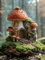 Enchanted mushroom house in the forest. A whimsical mushroom house surrounded by moss and trees, with warm lights glowing from its windows in a serene forest. photo