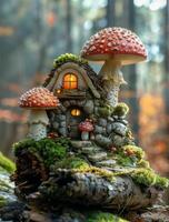 Enchanted mushroom house in a forest. A whimsical house made of mushrooms and stones is illuminated in a lush forest during golden hour, surrounded by nature. photo
