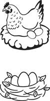 Hen Sitting On Nest With Eggs and Separate Bird Nest Illustration. vector