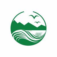 Mountain lake and birds in circular design. vector