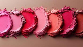 Colorful pressed powders arrayed. Pressed powders in various shades of pink and red are arranged side by side on a neutral background, showcasing texture. photo