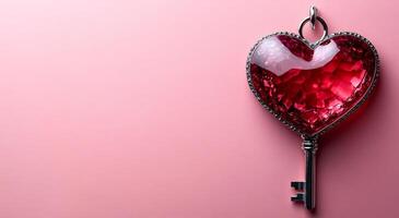Heart-shaped key with a glossy finish. A heart-shaped decorative key with a shiny red surface rests on a pink background. photo