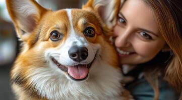 Caring owner smiles with happy corgi dog. A person embraces a cheerful corgi with bright eyes, displaying affection in a cozy setting filled with books. photo