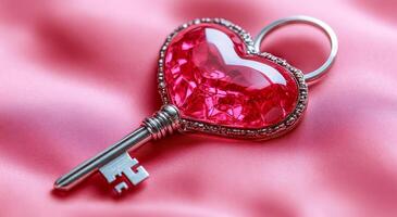 Decorative heart-shaped key on fabric. A shiny heart-shaped key rests on soft pink fabric, showcasing its intricate design and vibrant color. photo