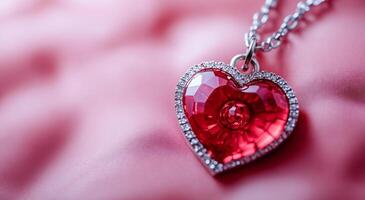 Heart-shaped pendant sparkling on fabric. A red heart-shaped pendant adorned with crystals rests elegantly on soft pink fabric, capturing light beautifully. photo