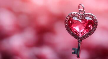 Heart key with pink gem. A heart-topped key with a pink gemstone stands out against a blurred pink background, radiating romance. photo