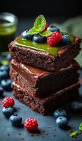 Brownies with berries and mint. Brownies stacked high with a vibrant topping of berries and mint, creating a colorful and tempting dessert display. photo