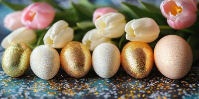 Beautiful decorated eggs with tulips. Colorful eggs in gold, white, and beige are arranged with fresh tulips on a sparkly background during springtime. photo
