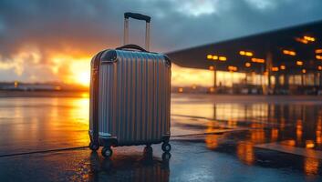 Sunset at the airport with a suitcase. A silver suitcase stands on a wet airport runway during sunset, capturing the glow of orange and gold hues in the sky. photo