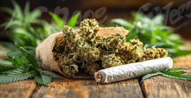 Fresh cannabis and joints. Cannabis buds and a rolled joint rest on a wooden surface surrounded by green leaves and burlap fabric. photo