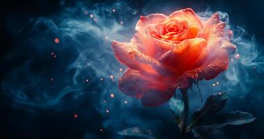 Glowing rose surrounded by ethereal mist. A vibrant rose emits enchanting light, surrounded by swirling mist and sparkling particles in a dark setting. photo