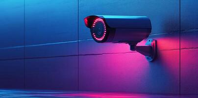 Security camera in neon-lit environment. Modern security camera mounted on wall emits red light in a neon-lit setting, enhancing safety and surveillance. photo