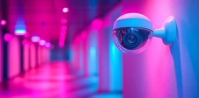 Camera in a bright hallway. A surveillance camera is mounted on the wall in a brightly lit corridor with colorful ambient lighting. photo