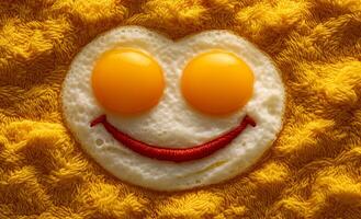 Smiling fried egg on a yellow towel. A cheerful fried egg with a smiley face sits on a vibrant yellow towel, creating a playful breakfast scene. photo