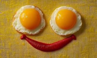 Eggs with a smiley face. Breakfast features two sunny-side-up eggs arranged as eyes with a red smile completing the cheerful design. photo