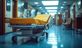 Hospital corridor with empty patient bed. An empty patient bed is positioned in a quiet hospital corridor during daytime, highlighting the sterile environment. photo