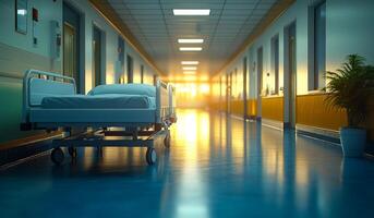Sunset over empty hospital bed. Soft light filters through a hospital corridor, highlighting an empty bed and creating a serene atmosphere at sunset. photo