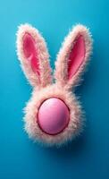 Pink bunny ears with an egg. A fluffy set of pink bunny ears surrounds a pastel pink egg against a teal background, creating a playful spring vibe. photo