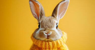 Cute rabbit wearing a cozy sweater. A fluffy rabbit with big ears and a warm expression is dressed in a knitted sweater against a bright yellow backdrop. photo