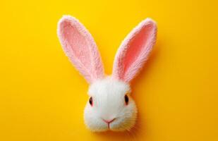 Pink-eared rabbit on yellow. A white rabbit head with large pink ears against a bright yellow background, creating a playful and cheerful mood. photo