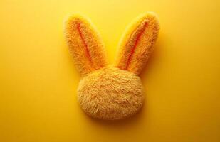 Yellow bunny ears on bright bg. Fluffy yellow bunny ears rest on a vibrant yellow background, creating a playful and cheerful atmosphere. photo