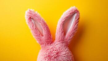 Pink bunny ears on yellow bg. A pair of fluffy pink bunny ears is centered against a vibrant yellow backdrop, creating a playful and cheerful mood. photo