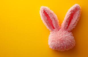 Pink bunny ears on yellow. Soft pink bunny ears are displayed against a bright yellow background, creating a playful and cheerful atmosphere. photo
