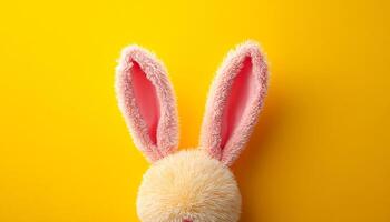 Bunny ears on bright backdrop. Soft pink bunny ears are positioned against a vibrant yellow background, creating a playful and cheerful atmosphere. photo