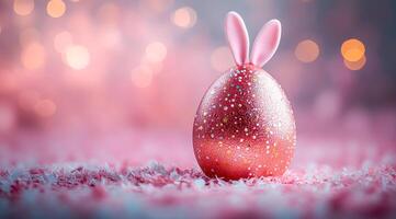 Easter egg with bunny ears. Colorful Easter egg with sparkles and bunny ears sits on pink shredded paper, creating a festive spring atmosphere. photo