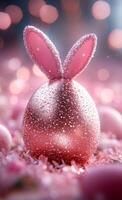 Sparkling pink Easter egg display. Beautiful pink Easter egg with bunny ears sits on a bed of flowers and pastel candies, creating a festive atmosphere. photo