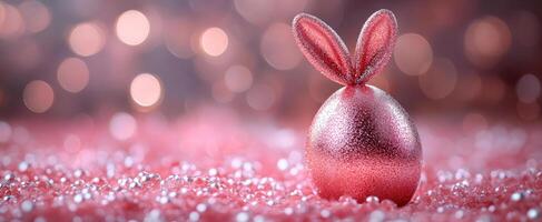 Decorative pink bunny ears on an egg. A pink egg with sparkling bunny ears sits among shiny decorations, creating a festive atmosphere for celebrations. photo