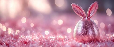 Shimmering pink Easter egg on grass. A sparkling pink Easter egg with bunny ears rests on vibrant pink grass amidst a soft, glowing backdrop. photo