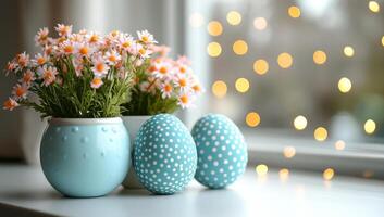 Decorated eggs and flowers by the window. Blue polka-dotted eggs sit beside potted flowers near a window with soft bokeh lights in the background. photo