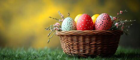 Colorful eggs arranged in a woven basket. Brightly colored eggs with polka dots sit in a woven basket surrounded by green grass and soft flowers. photo