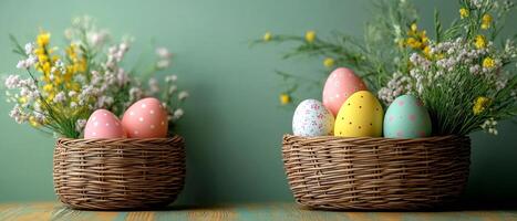 Colorful Easter eggs in woven baskets. Two woven baskets hold decorated Easter eggs surrounded by vibrant flowers against a soft green backdrop. photo