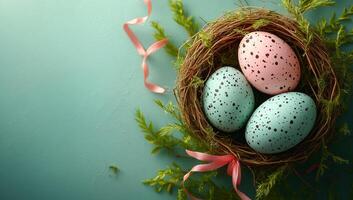 Easter eggs in a nest. Three speckled Easter eggs in pastel colors sit in a nest surrounded by greenery and ribbons, celebrating spring. photo