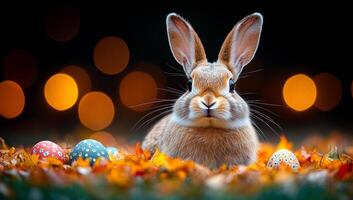 Cute rabbit with colorful eggs in autumn. A rabbit sits among fallen leaves, surrounded by colorful eggs during a serene autumn evening with soft bokeh lights. photo