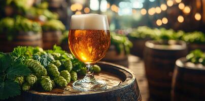 Craft beer displayed in a rustic brewery. A freshly poured craft beer sits on a wooden barrel surrounded by hops in a cozy brewery setting. photo