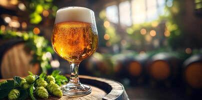 Cozy brewery with craft beer. A refreshing glass of craft beer sits on a wooden barrel, surrounded by hops, in a warm brewery filled with soft light. photo