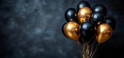 Black and gold balloon display. A cluster of black and gold balloons arranged stylishly against a dark background, perfect for celebrations or events. photo