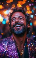 Joyful celebration at a vibrant party. A man smiles brightly while surrounded by colorful confetti and sparkling lights at a lively party event. photo