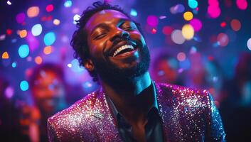 Joyful man at a lively party. A man dressed in a sparkling jacket smiles broadly while enjoying a lively party atmosphere filled with colorful lights. photo