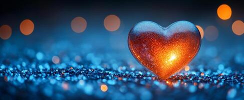 Heart shape glowing in sparkling setting. A heart shape shines bright among sparkling lights, creating a warm ambiance during a nighttime celebration. photo