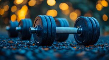 Strength training equipment at sunset. Heavy dumbbells rest on gravel, illuminated by soft evening light, suggesting a workout session in progress. photo