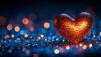 Glittery heart decoration. A glittery heart shines amidst a blurred background of colorful bokeh lights, creating a captivating atmosphere. photo