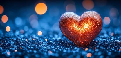 Shiny heart on blue backdrop. A glittering red heart sits on a shimmering blue surface, glowing beautifully with soft bokeh lights around. photo