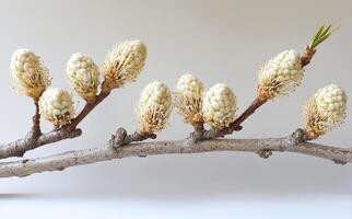 Blossoming branches with unique flowers. White, textured blossoms emerge from slender branches, showing signs of spring's arrival in a calm, simple setting. photo