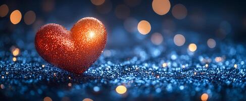 Sparkling heart on a glittering surface. A red glitter heart rests on a shimmering blue background with soft glowing lights highlighting its edges. photo